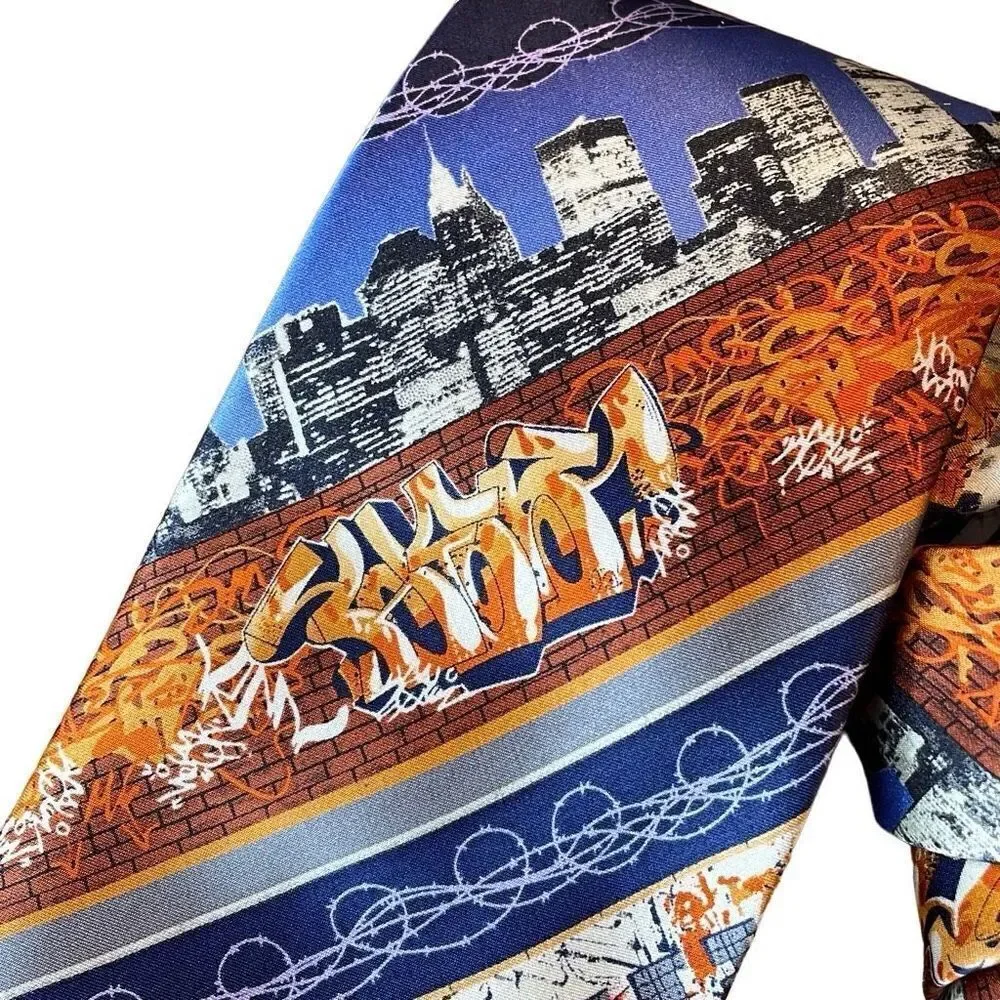 Graffitie silk Urban cityscape graffiti hip-hop tie shades of purple & orange 57